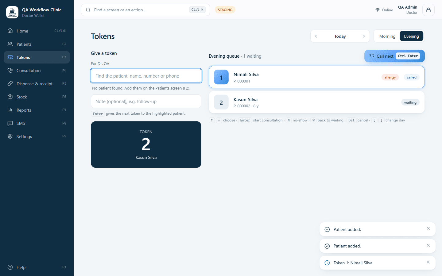 The Doctor Wallet token screen with the evening queue and the Call next button