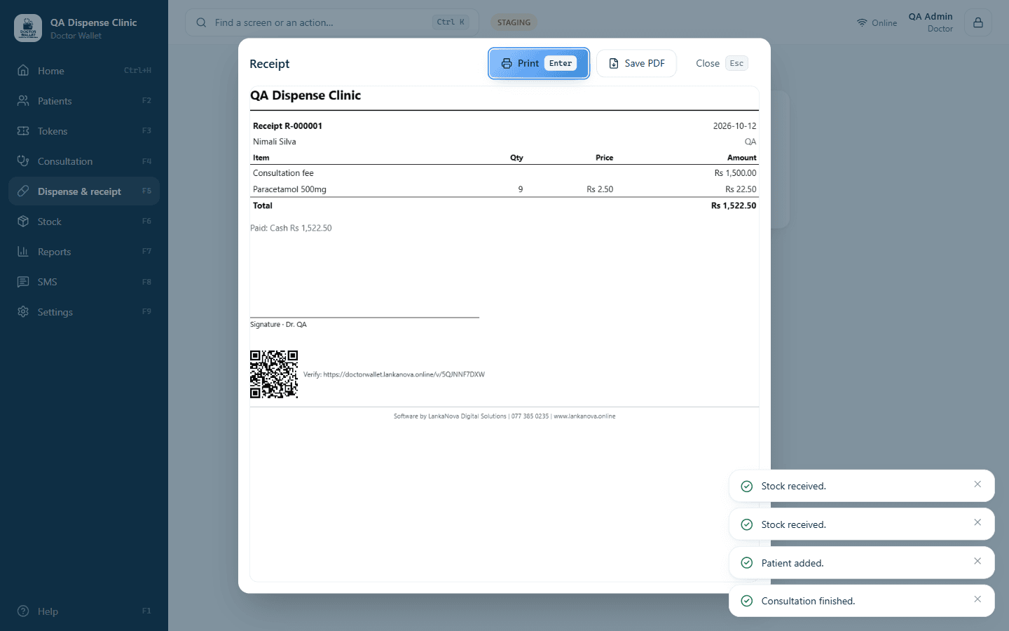 A printable receipt with a verification QR code